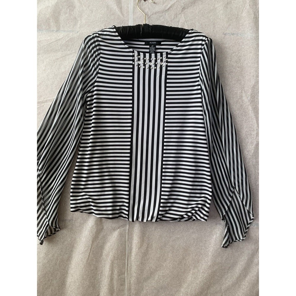 ALFANI Women's Black and White Pullover Blouse Size XS (1353)